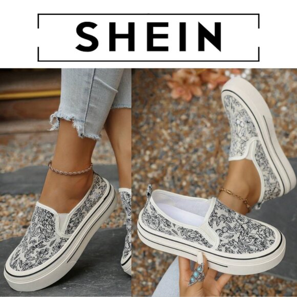 SHEIN Shoes - SHEIN Black and White Floral Slip-On Sneakers